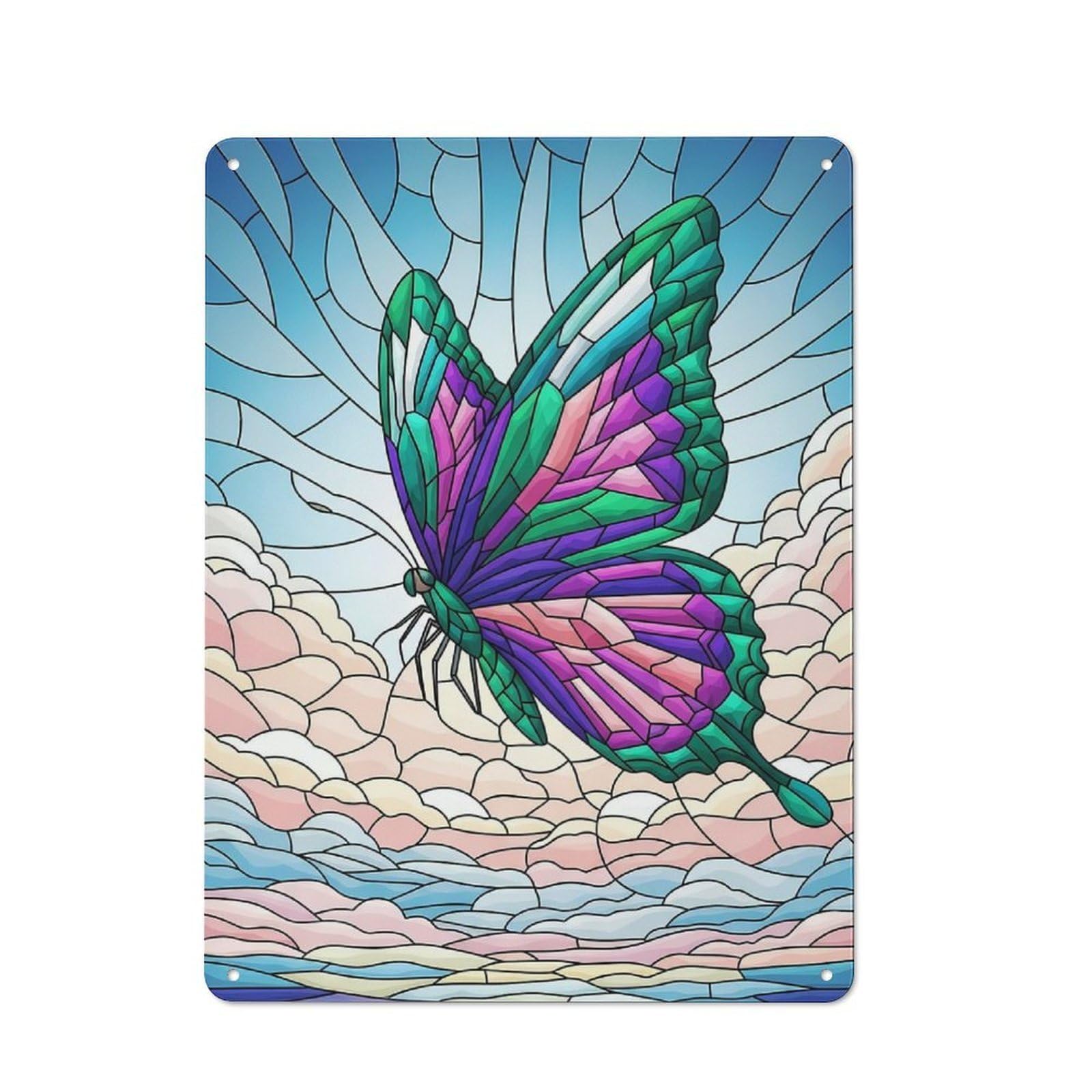 Stained Glass Butterfly in Sky Decorative Tin Plaque 40x30cm, Decorative Novelty Wall Art for Hallway, Home Bar, Garage Or Study