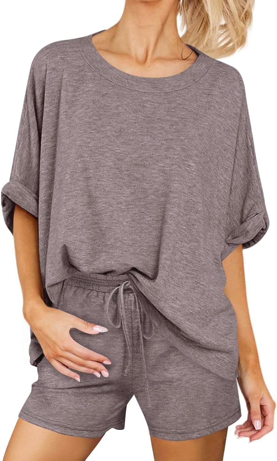 Tankaneo Womens 2 Piece Lounge Sets Oversized Short Sleeve T-shirts Drawstring Shorts Sets Pajamas Summer Outfits - Image 2