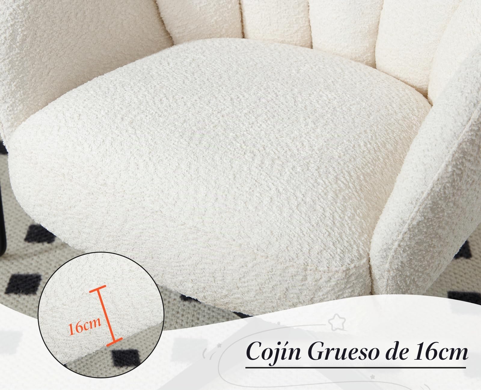 chairus Sillón Butaca de Salón de Lana Sintética Sillón Lectura Habitación Giratoria con Reposabrazos, Silla Individual de Ocio con Base de Metal para Hogar/Dormitorio, Blanco