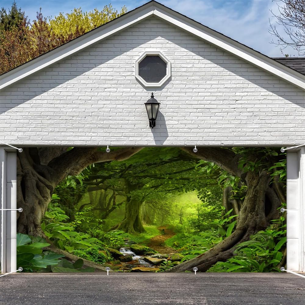 Leowefowa Fairy Tales Enchanted Forest Single Garage Door Decorations 16x7ft Backdrop Green Dreamland Jungle Garage Door Cover Green Forests Bckground