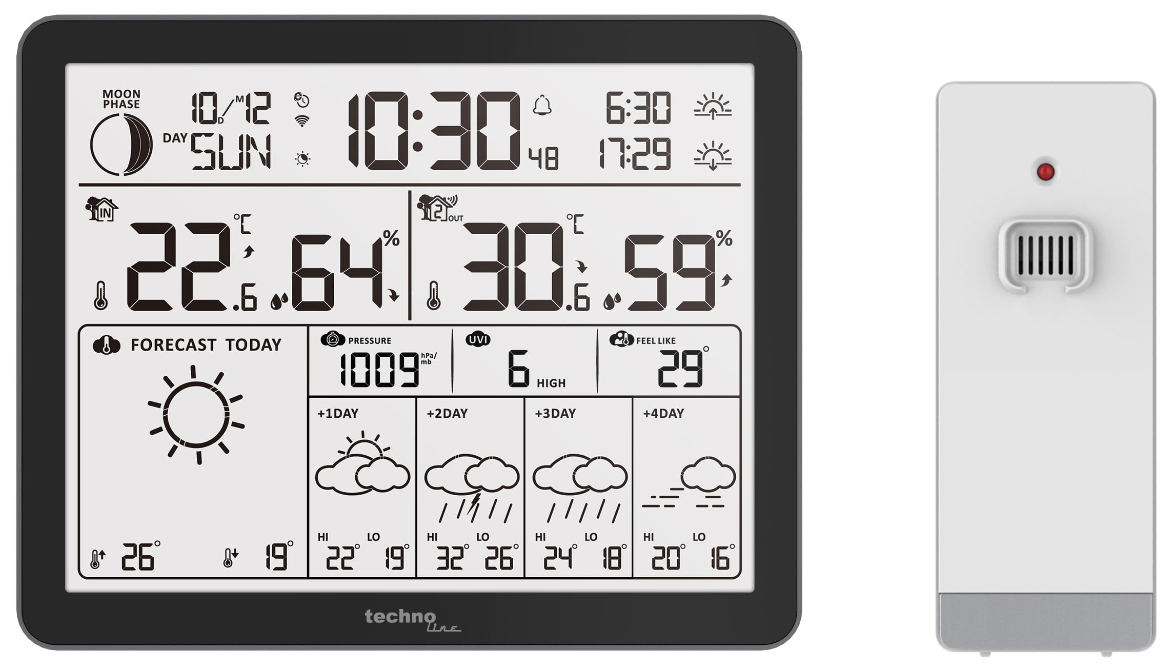 WD3000 – stacja pogodowa z 4-dniową prognozą pogody, łącznie z nadajnikiem zewnętrznym, danymi na stacji i telefonie komórkowym (aplikacja direct weather)