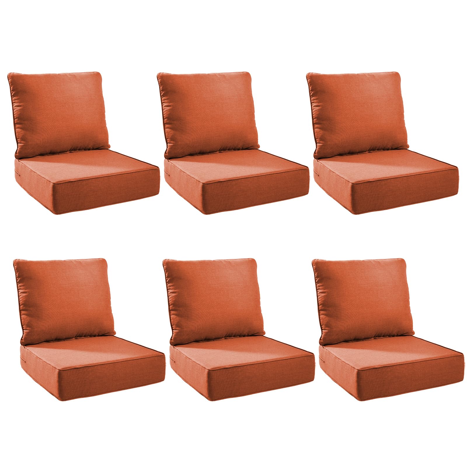 Outdoor Cushion Set for Patio Furniture, UV Resistant, Water Resistant - 6 Inch Thick Foam Garden Cushions– 24x24 Inch Patio Seat Covers for Chair/Sofa/Couch | Orange | 6-Pack |