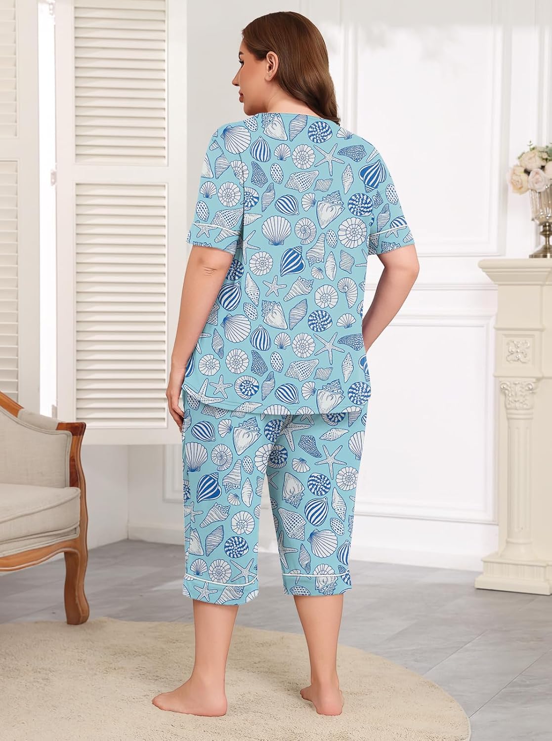 Lastshe Plus Size Womens Pajama Set 2 Piece V Neck Short Sleeve Capri Pants Loungewear Pjs Lounge Set Knit Soft with Pockets - Image 5