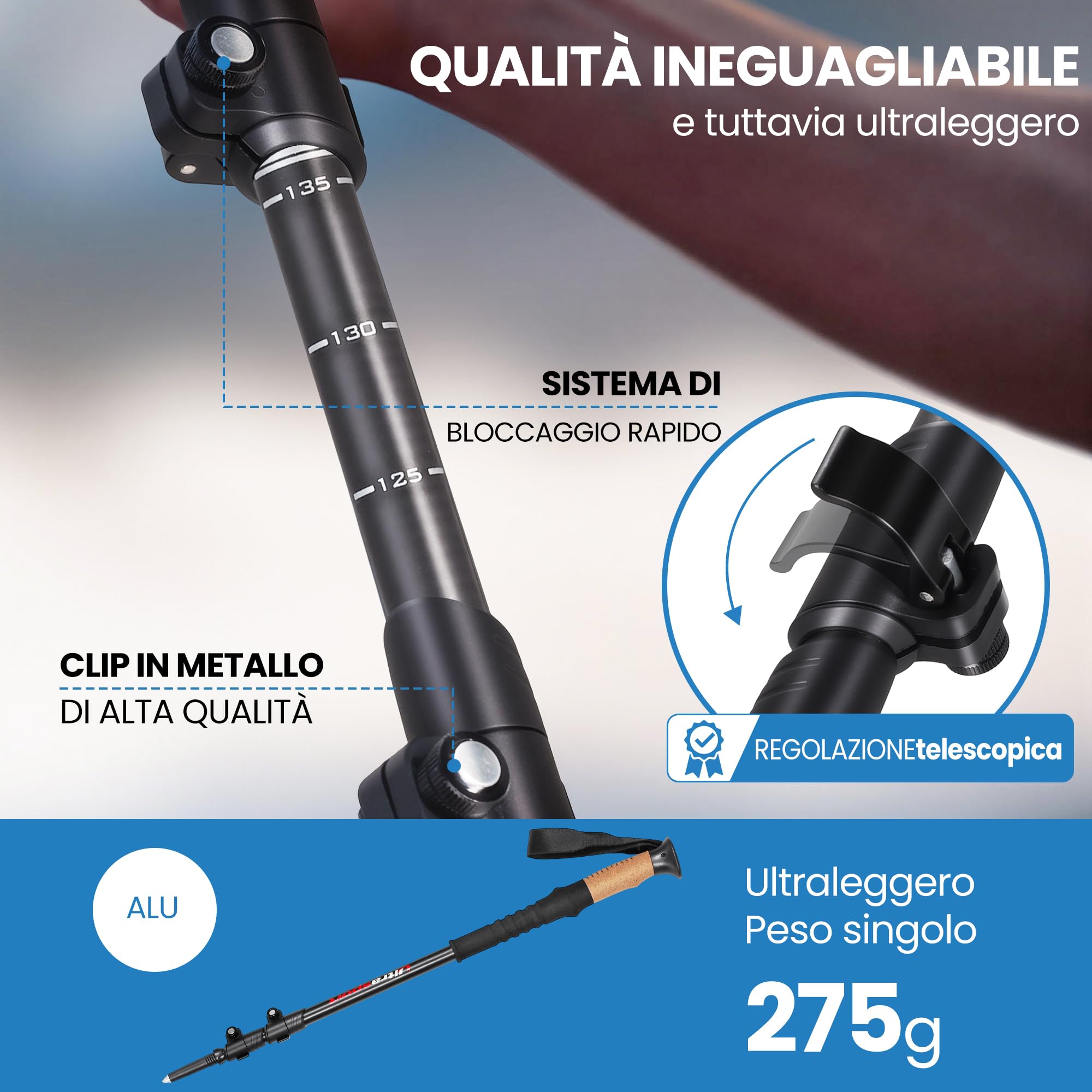 Ultrasport Bastoncini da Trekking Alluminio 65-135 cm Pieghevoli I Bacchete Montagna, Bastoni Racchette da Trekking Telescopici, Nordic Walking, Alpinismo, Trail Running