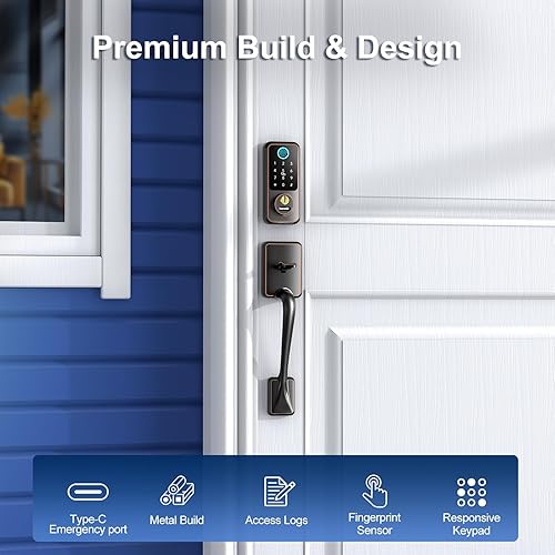 Miniatura 9 de Hornbill Juego de cerradura inteligente con teclado, cerrojo de entrada sin llave con asa, cerradura de puerta digital para puerta delantera, bronce