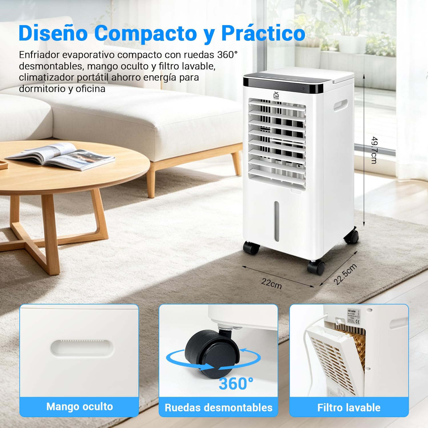 Climatizador Evaporativo 3 En 1, 65W, Función Fría, 3 Velocidades, 3 Modos, Panel Táctil, Depósito de 5L, Temporizador 12h, Filtro Lavable, Mando a Distancia, Incluye 2 acumuladores de frío