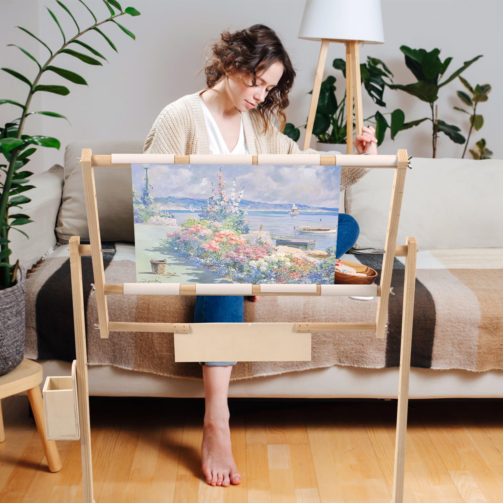 Support de Broderie en Bois Ejoyous, Hauteur Réglable 5 Niveaux, Rotation 360 Degrés, 100 cm, 32CT