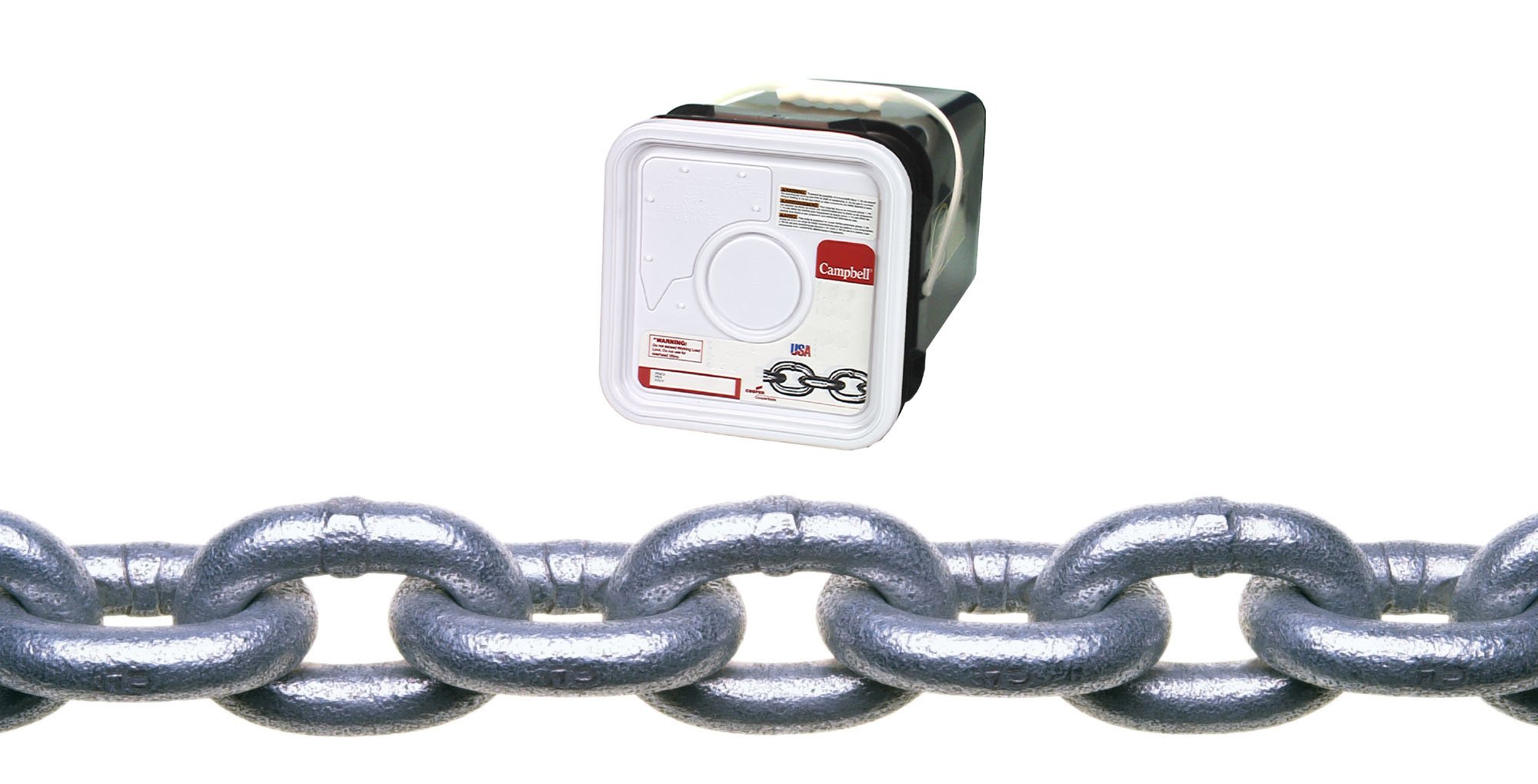 CAMPBELL 0143636 System 3 Grade 30 Low Carbon Steel Proof Coil Chain in Square Pail, Hot Galvanized, 3/8-Inch Trade, 0.37-Inch Diameter, 45-Feet Length, 2650-Pound Load Capacity