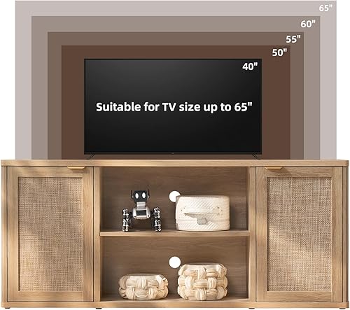 Miniatura 6 de LEYAOYAO Soportes de TV de ratán para sala de estar, gabinete de TV bohemio con almacenamiento y estante abierto, centro de entretenimiento de