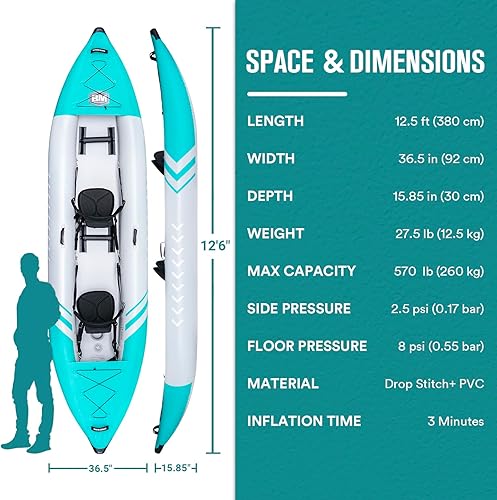 Miniatura 5 de Kayak inflable para 2 personas para adultos  Kayak en tándem BEYOND MARINA con piso de puntada caída, kayak de turismo con paletas de aluminio,