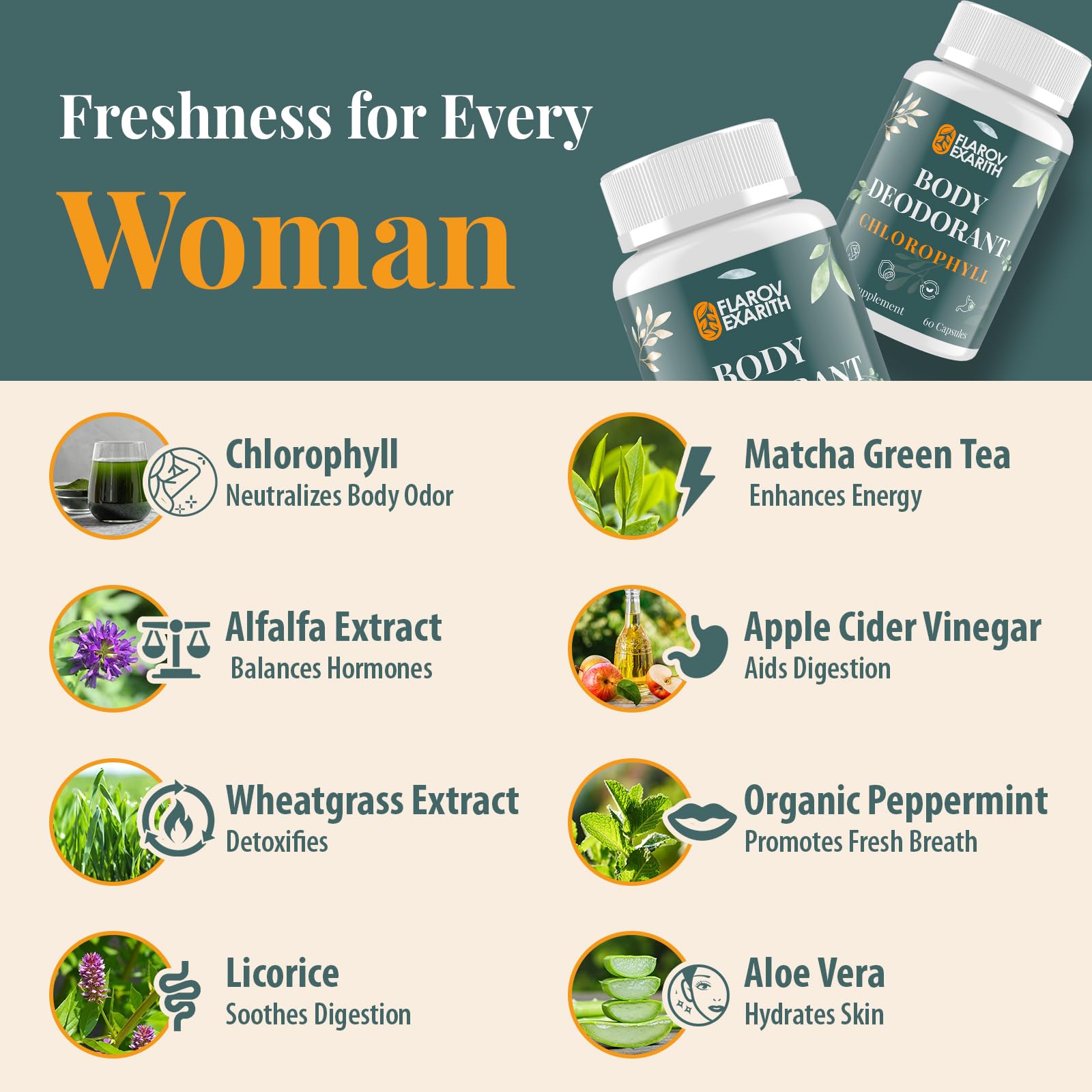 Women's Body Deodorizing Supplement – Chlorophyll Capsules for Body Odor, Fresh Breath & Gut Detox, for Social Confidence – Vegan with Matcha Green Tea, Apple Cider Vinegar (60 Caps) — Amazon image 5