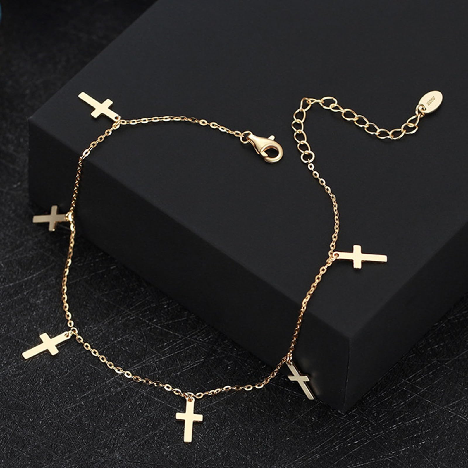 Cavigliera Argento 925 Donna, Cavigliera Donna Estiva A Doppio Strati con Pendente Croce Oro, Regolabile Fino a 26 cm - Bracciali alla Caviglia da Spiaggia Cavigliere per Donne