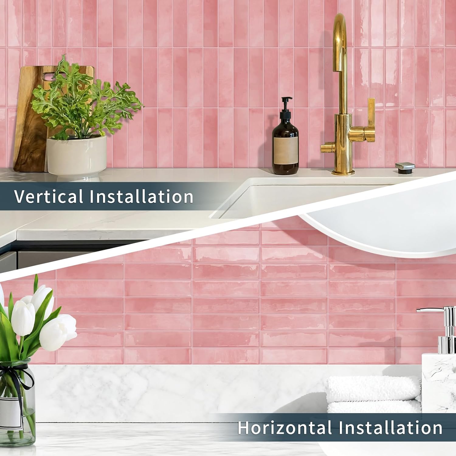 10 Sheets Upgraded Thicker Design Subway Tile Peel and Stick Backsplash,12”×12”Self Adhesive Wall Tiles Stick on Back Splash for Kitchen,Bathroom,Camper(Pink)