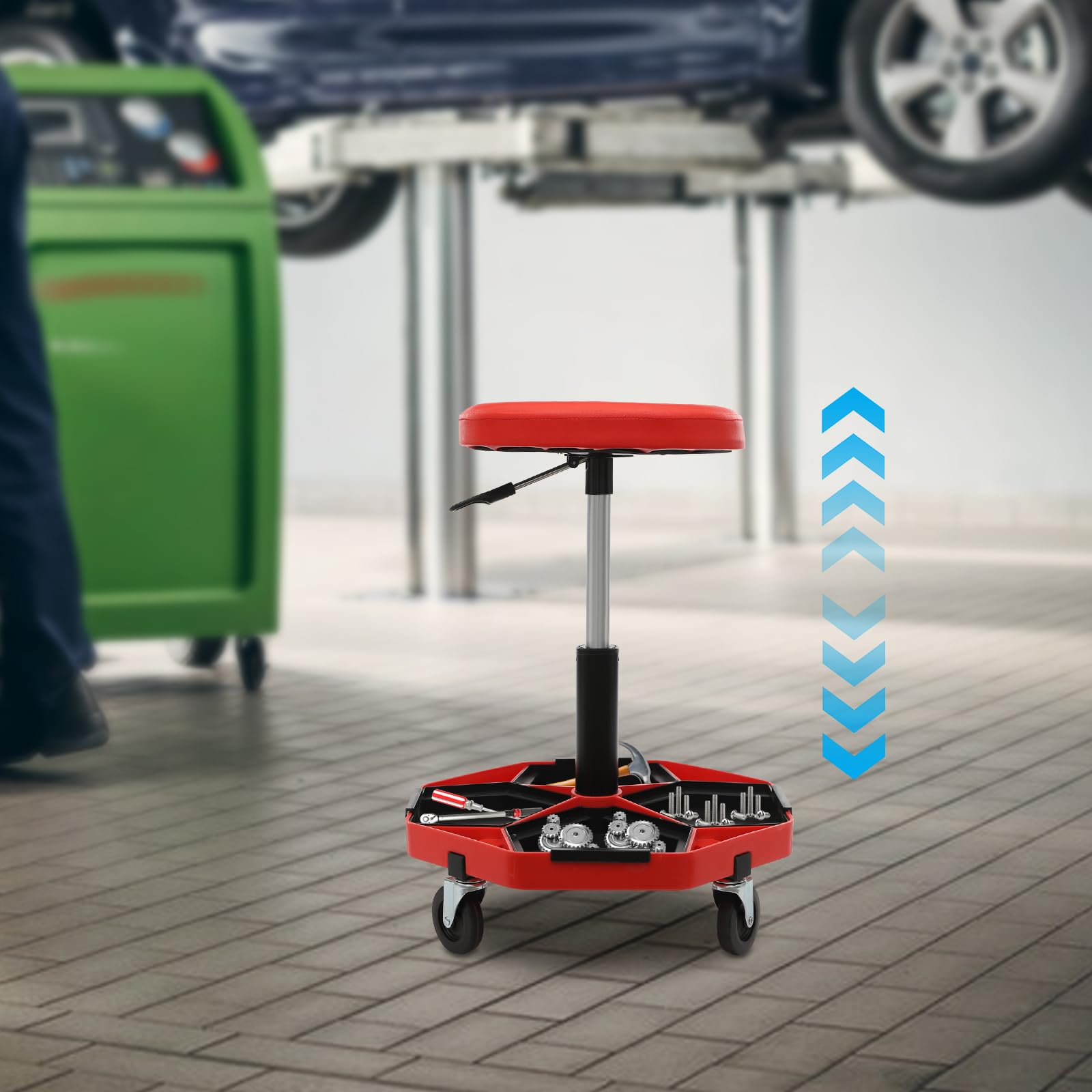 Sgabello da officina, sedia a rotelle da officina, capacità di carico 150 kg, sgabello da officina con 4 ruote universali, 45-61 cm, altezza regolabile, sgabello pneumatico (rosso)