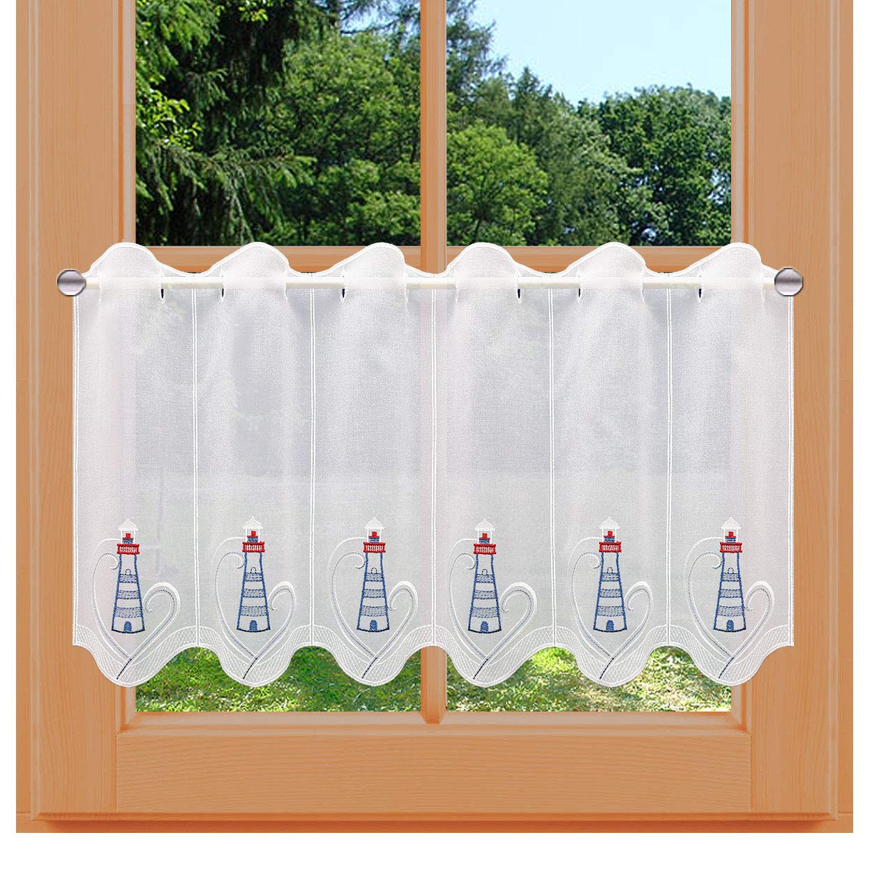 Maritime Scheibengardine Leuchturm mit Urlaubsmotiv Echte Vogtländischer Spitze Badgardine 30 x 160 cm