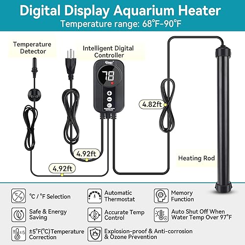 Miniatura 2 de hygger Calentador de acuario de 200 W, calentador de titanio con controlador LED digital y sonda de temperatura, calentador sumergible para tanque