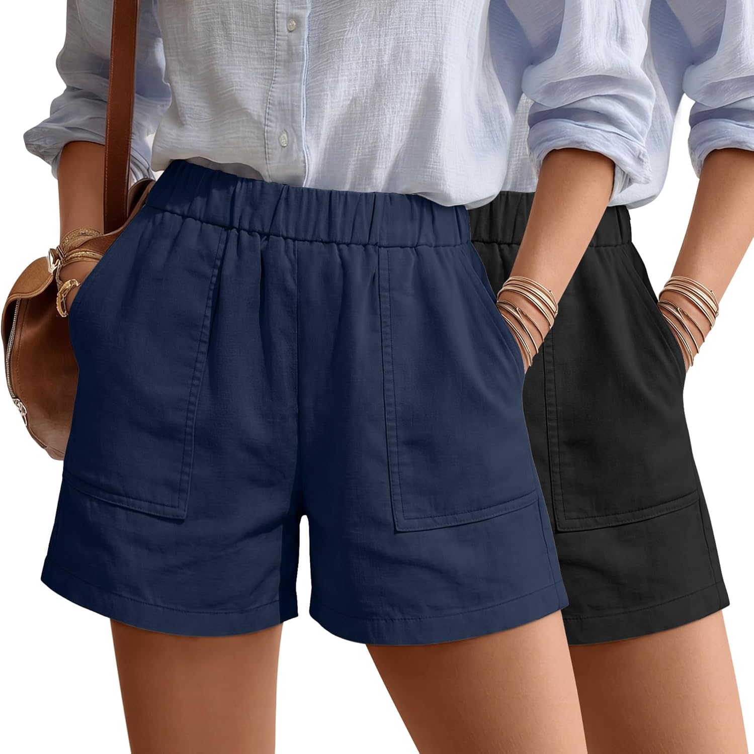 Neer 2 Pack Women's Linen Shorts Elastic Waist Casual Comfy Summer Pull on Beach Shorts with Patch Pocket