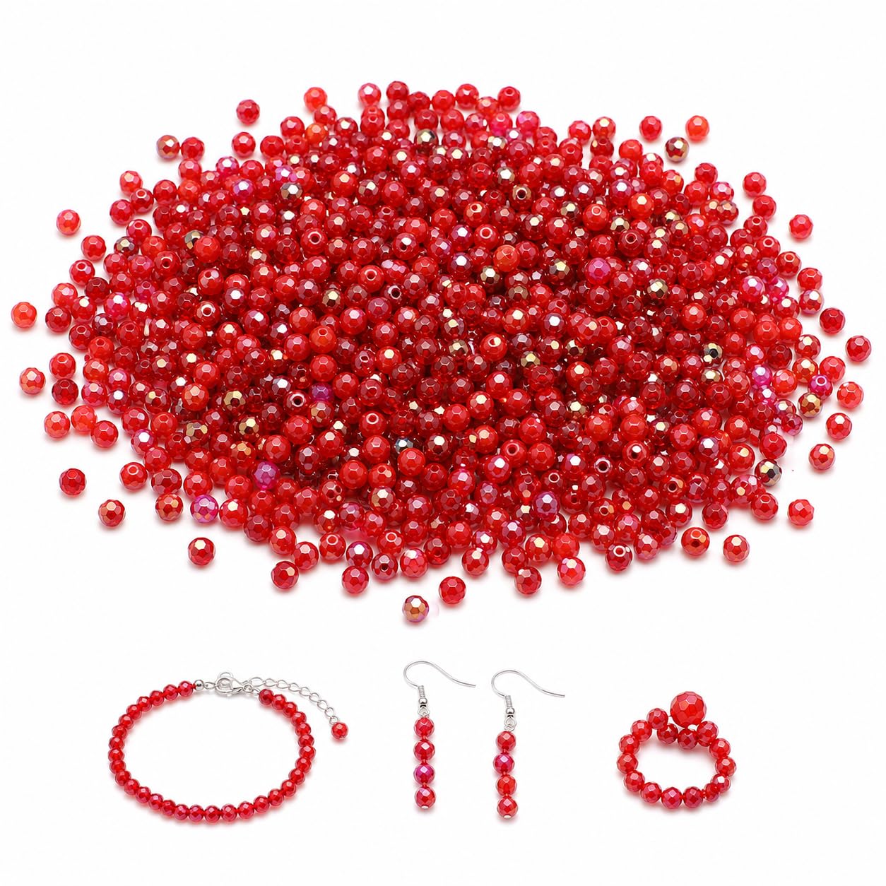 500PCS 4mm Glass Beads for Jewellery Making, Red Tone Faceted Rondelle Crystal Beads, Small Spacer Beads for Bracelet Making, Necklaces, Earrings, Keychains, DIY Crafts and Handmade Gifts