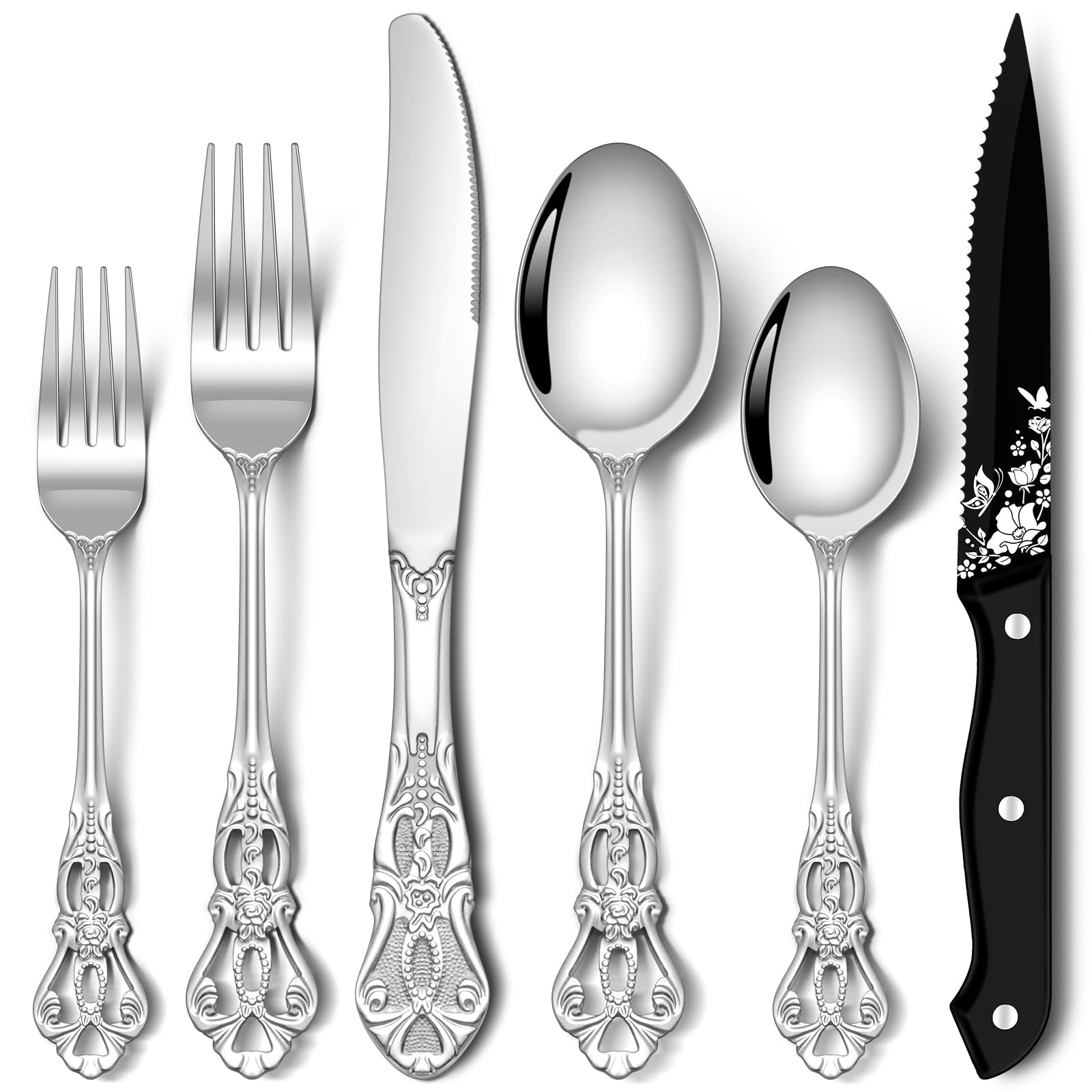 Stapava 48 Pcs Gorgeous Retro Royal Silverware Set with Steak Knives, Stainless Steel Cutlery Flatware Set for 8, Include Forks Spoons and Knives set,