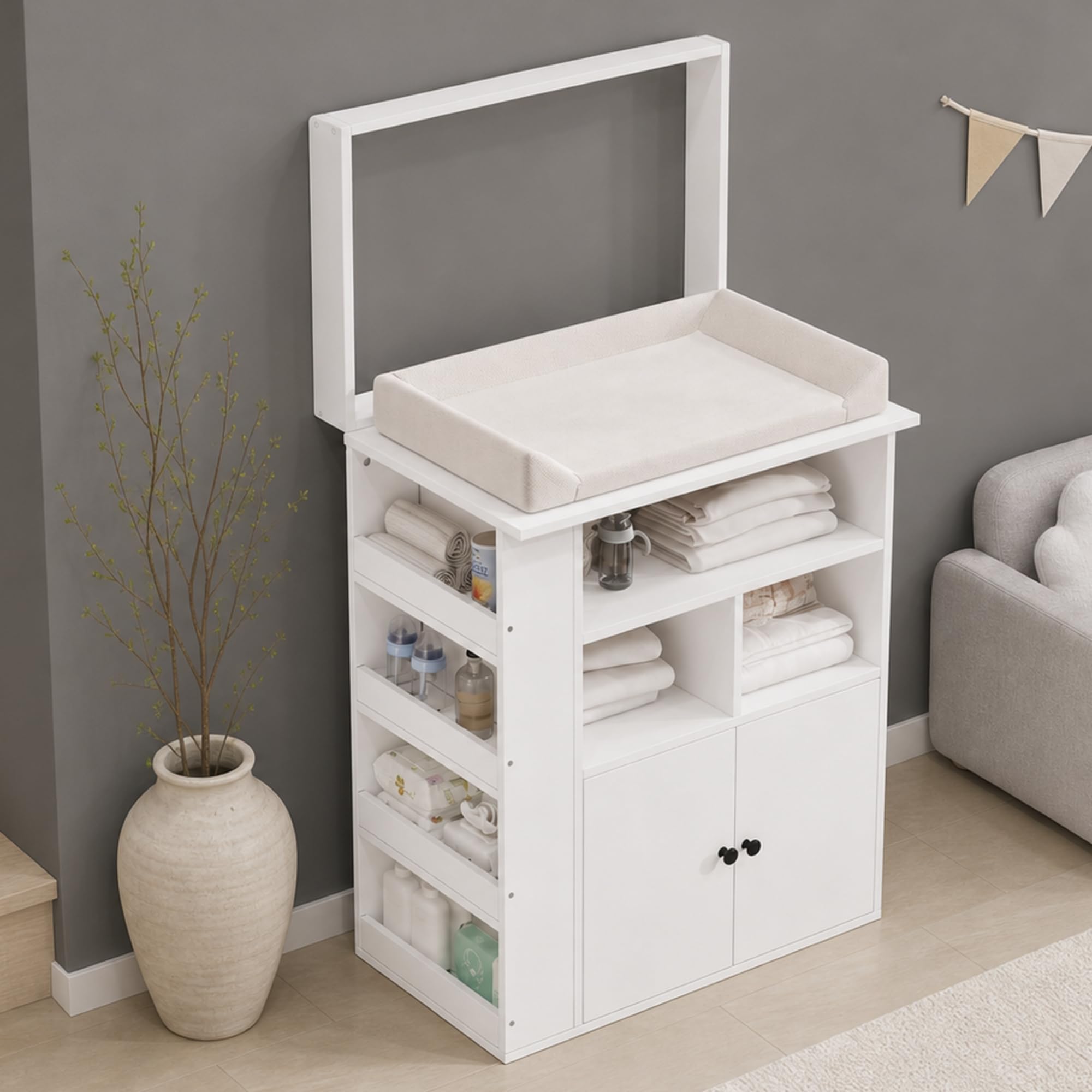 Fasciatoio, dimensioni 82 x 50 x 100 cm, bianco, ringhiera rimovibile, con vano portaoggetti e cassetti, senza fasciatoio