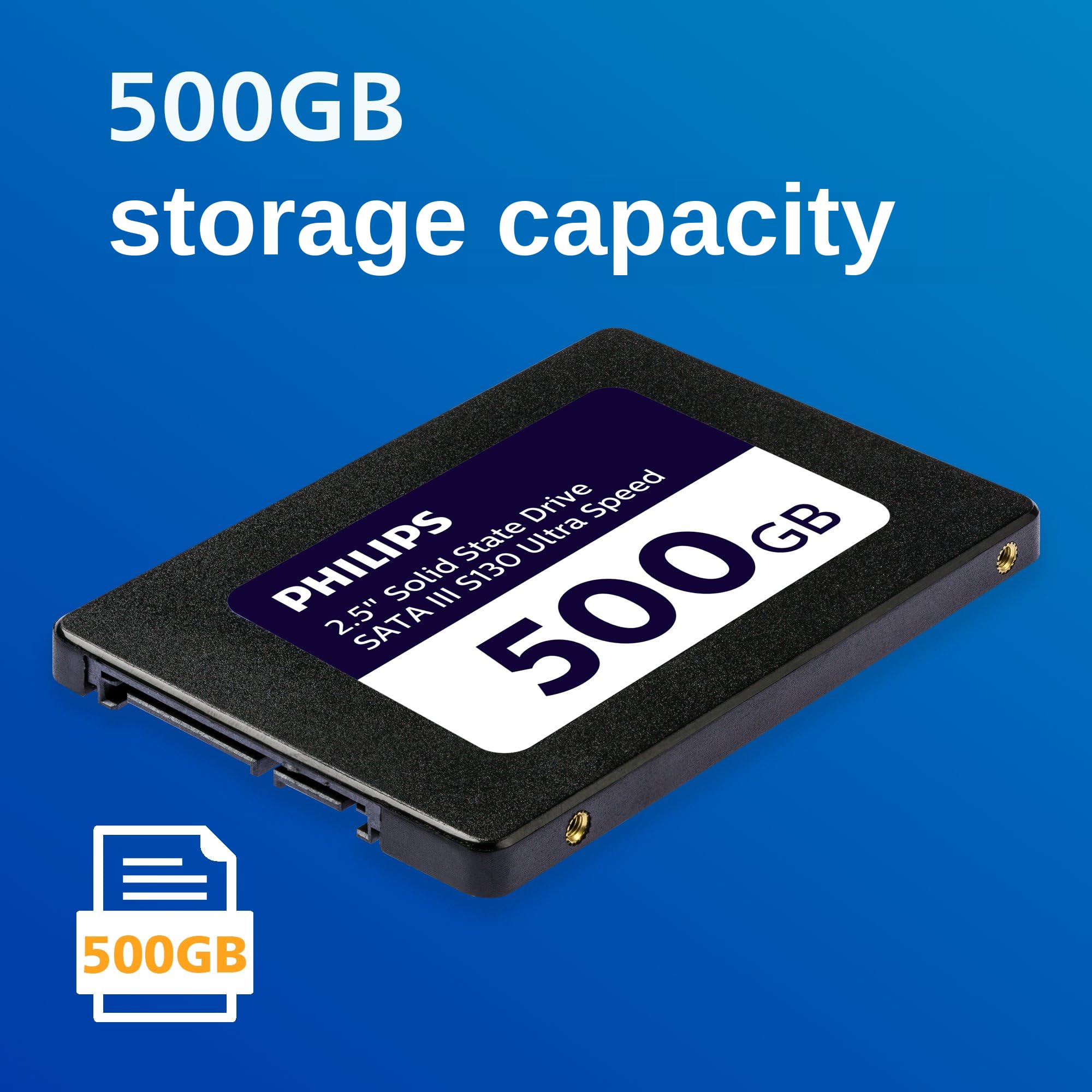 Philips SSD Interno de 2,5 Pulgadas, SATA III, 500 GB, S130 Ultra Speed, Velocidad de Lectura de hasta 550 MB/s
