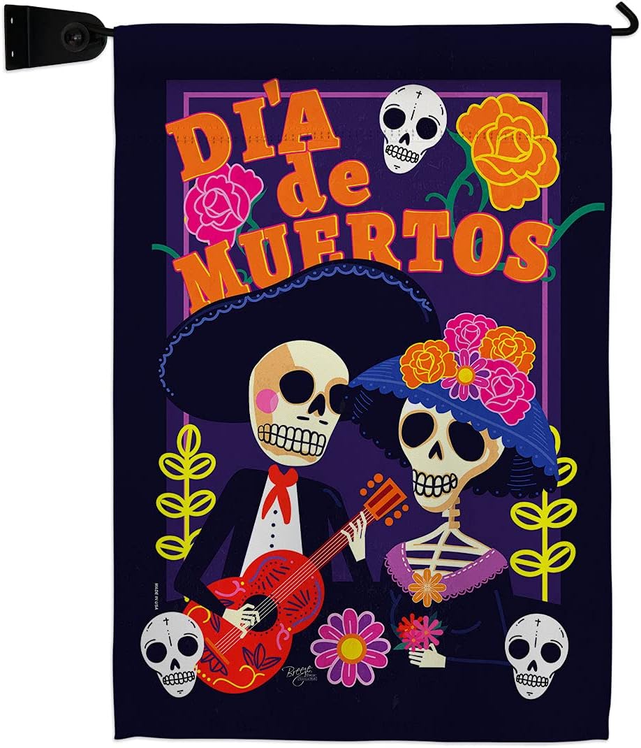 Dia de Muertos Couple Garden Flag Set Wall Holder Falltime Day of Dead Los Fiesta Mexican Party Autumntime Small Decorative Gift Yard House Banner Made In USA 13 X 18.5
