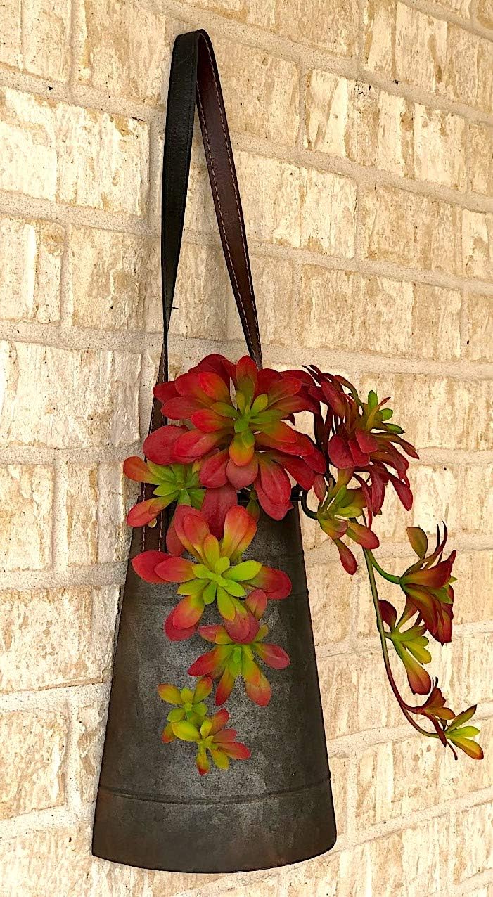 DNS Wall Planter Rustic Metal Half Bucket with Faux Leather Strap Hanging Decorative Flowers Succulent Cactus Indoor Outdoor (9.5" x 7")
