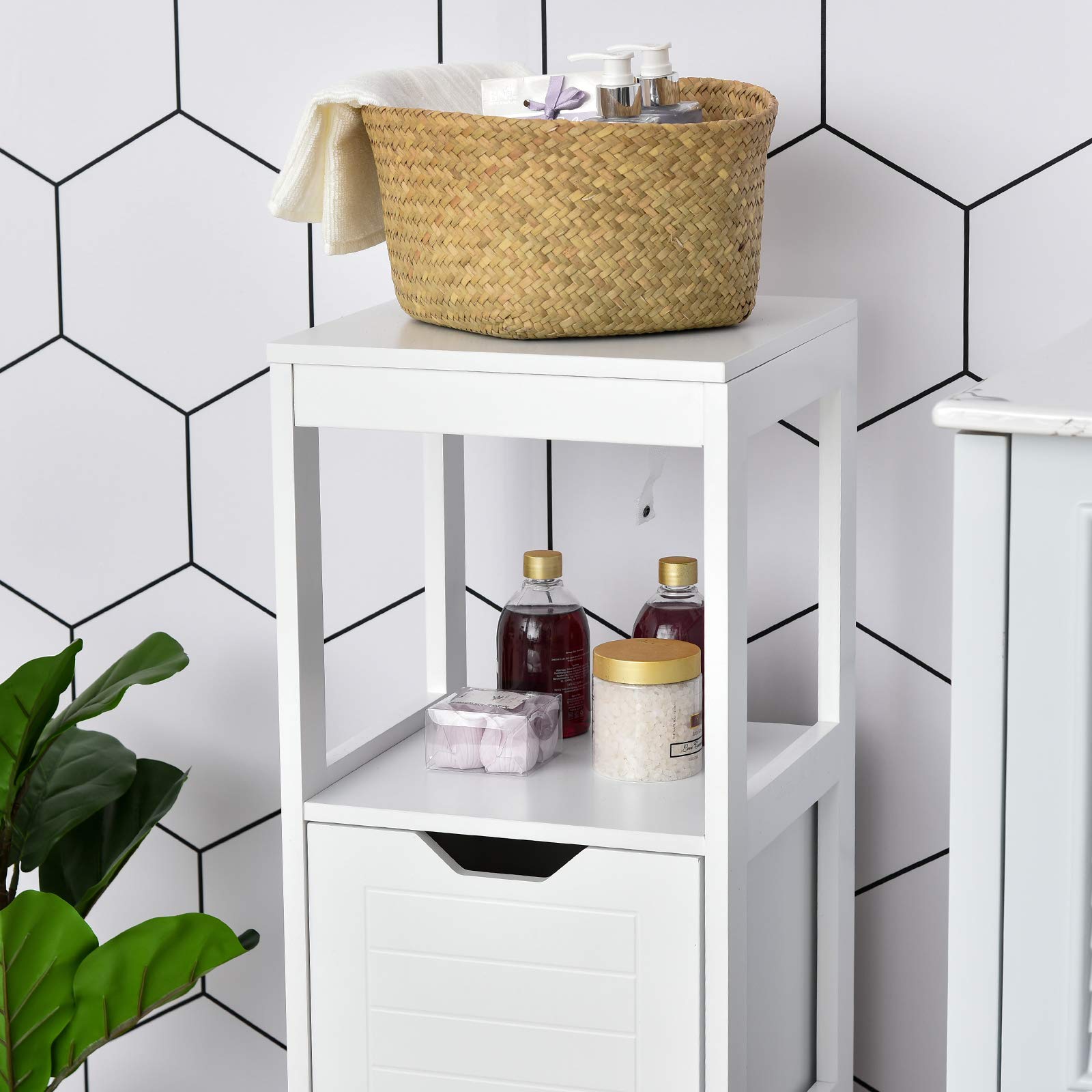kleankin Armario de Baño Gabinete Multifuncional con Estante Abierto 2 Cajones de Almacenaje Diseño Antivuelco 30x30x89 cm Blanco