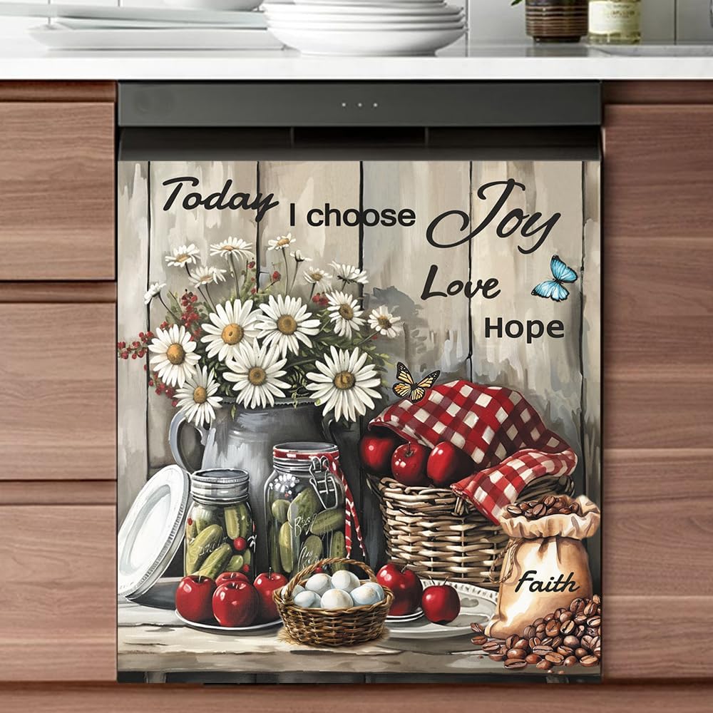 Vintage Daisy Flower Dishwasher Magnet Cover, Rustic Wood Red Apples Inspiring Quotes Refrigerator Magnets Panel Decals Fridge Home Appliance Sticker Magnetic Holiday Party Decor, 23x26
