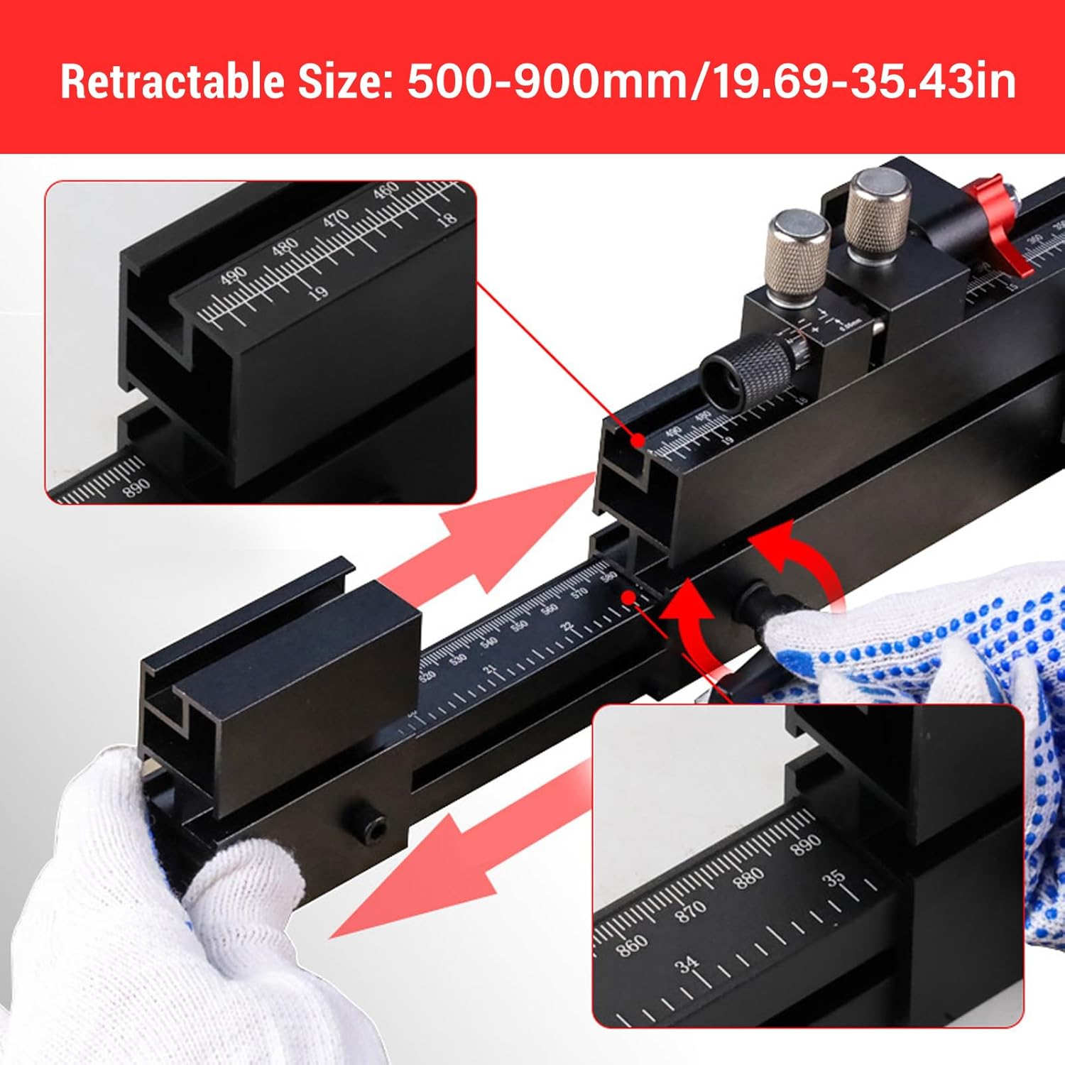Aluminum Alloy Miter Fence Accurate T Slot Track Metric and Imperial Scales 560-950mm Adjustable Length for Woodworking