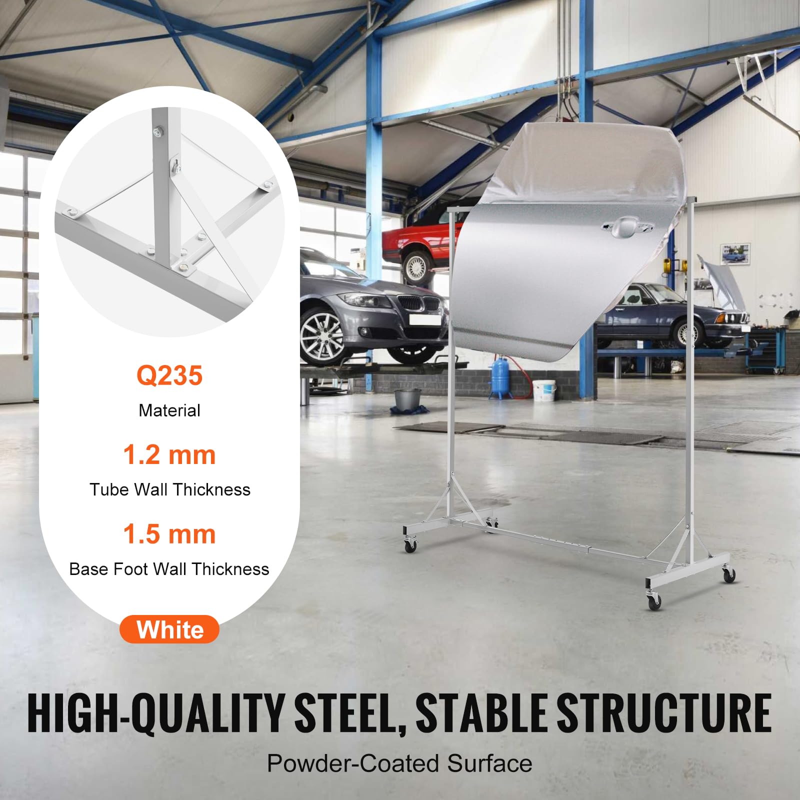 VEVOR Supporto per Verniciatura, Altezza Regolabile da 1,5 a 2,1 m Supporto per Carrozzeria per Auto con 8 Ganci, 4 Ruote Girevoli, Capacità di 30 kg per Officine di Riparazione Auto e Garage, Bianco