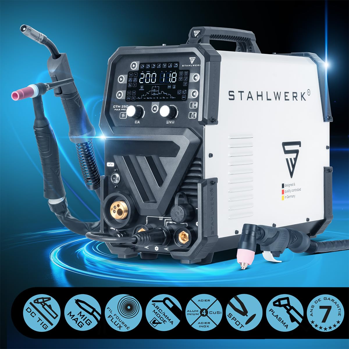 STAHLWERK Poste à souder combiné 6-en-1 CTM-250 Puls Pro – Kit complet – TIG, MIG/MAG, MMA (électrode) & FLUX jusqu'à 200 A, découpeur plasma (CUT) jusqu'à 45 A, dévidage synergique, fonction Pulse