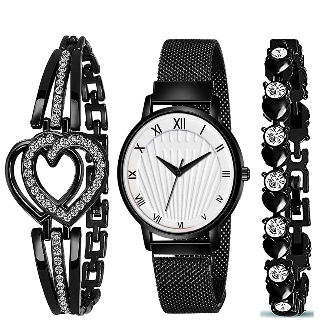 GOLDENIZE FASHION Black Heart Diamond Dial Analogue Watch with 2 Bracelet Combo for Girls & Womens Watch (B09G6ZD7W6) Amazon Price History, Amazon Price Tracker