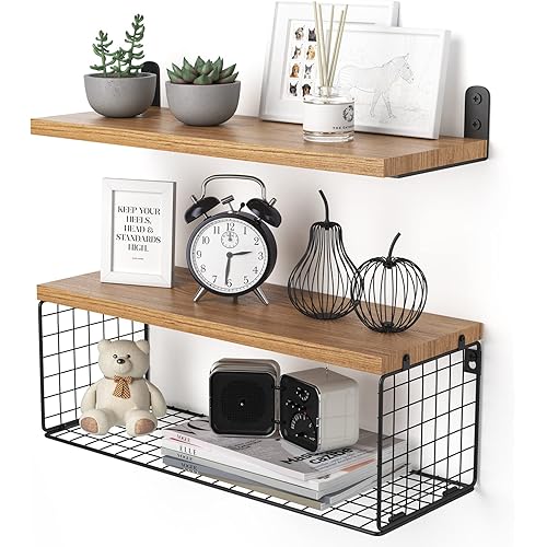 Floating Shelves Wall Mounted, Rustic Wood Bathroom Shelves Over Toilet with Paper Storage Basket, Farmhouse Floating Shelf for Wall Decor, Bedroom/Living Room/Kitchen/Plants/Books/Set of 3