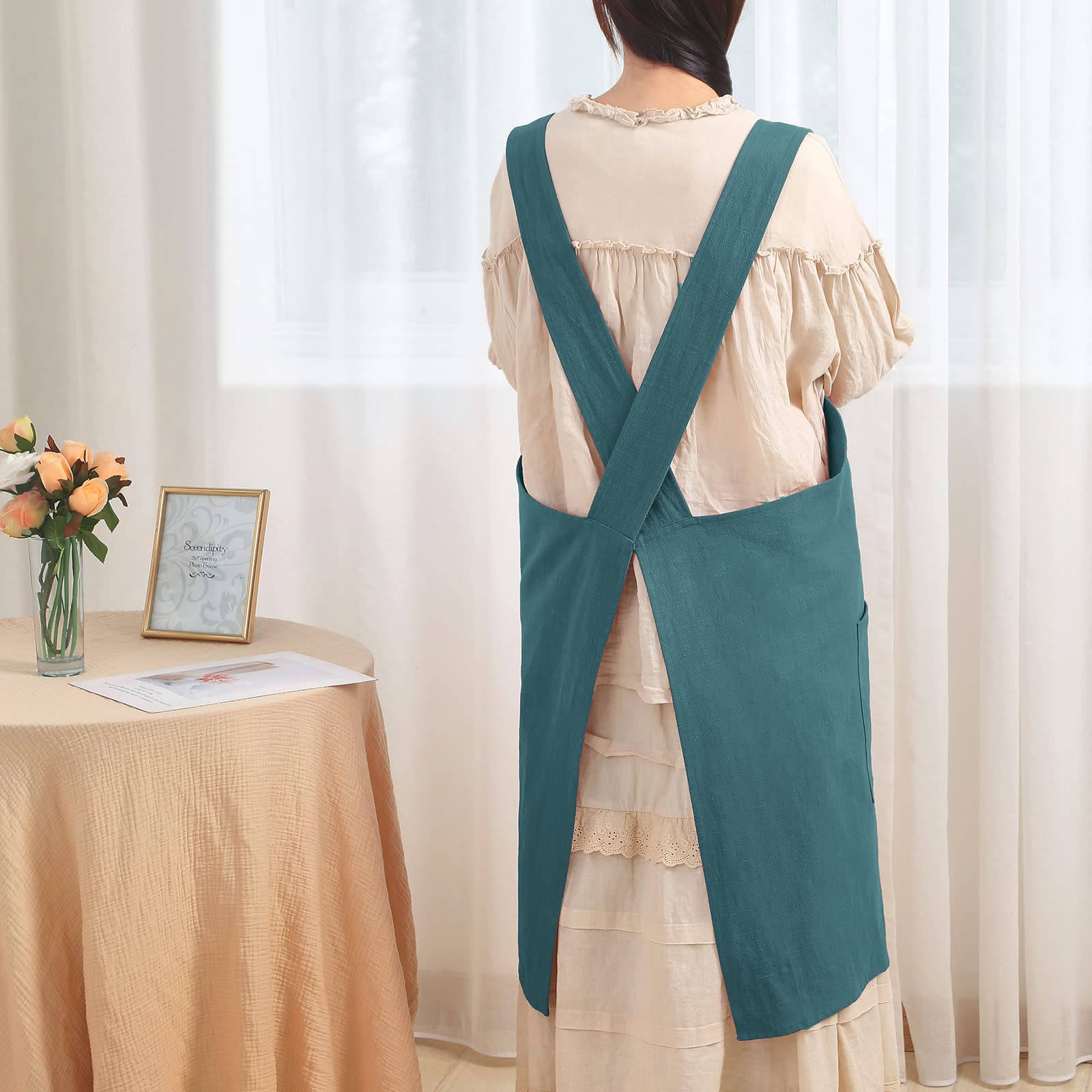 Baumwoll Leinen-Schürze für Damen – ohne Bindebänder, gekreuzte Rückenschürze mit Taschen, ideal für Floristen, Cafés und Küche