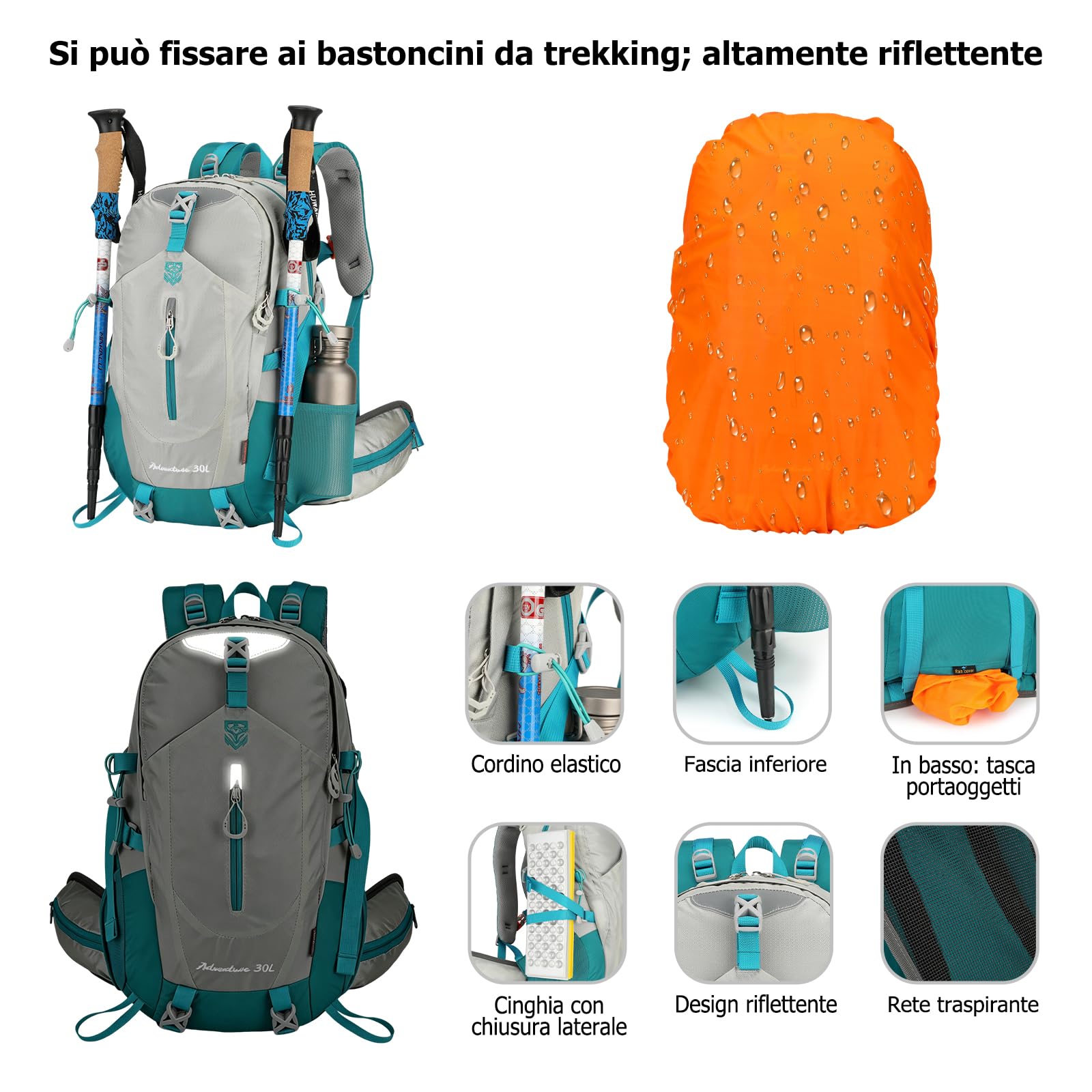 Zaino da Trekking 30L Zaino Impermeabile Grande Zaini Traspirante Hiking Nylon Campeggio Backpack per Donna Uomo Viaggio Sport Rosso