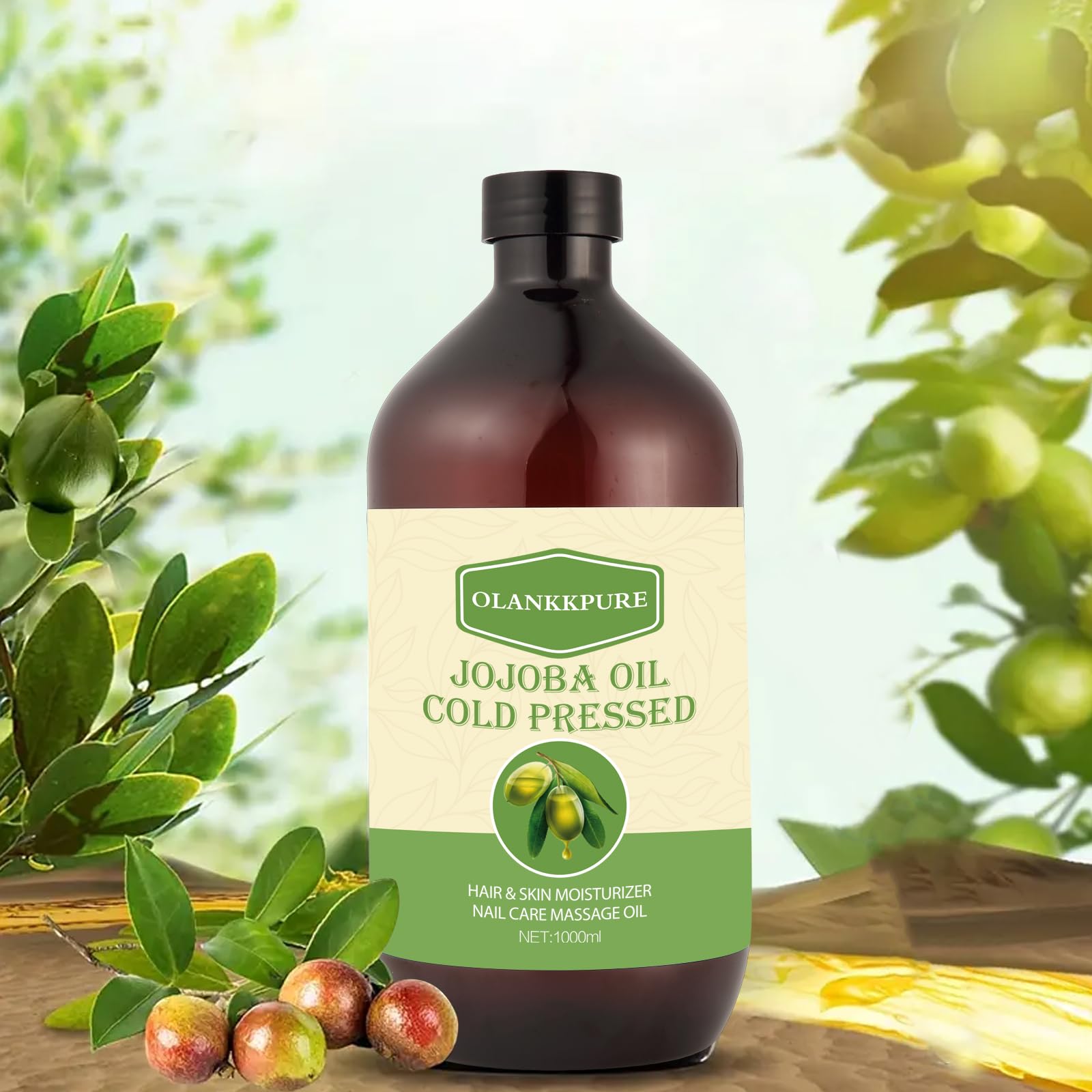 Aceite Portador de Jojoba 100% Puro, sin Refinar, sin Hexano, Prensado en Frío para Piel, Cara, Cabello, Uñas y Masajes, 1000 ml