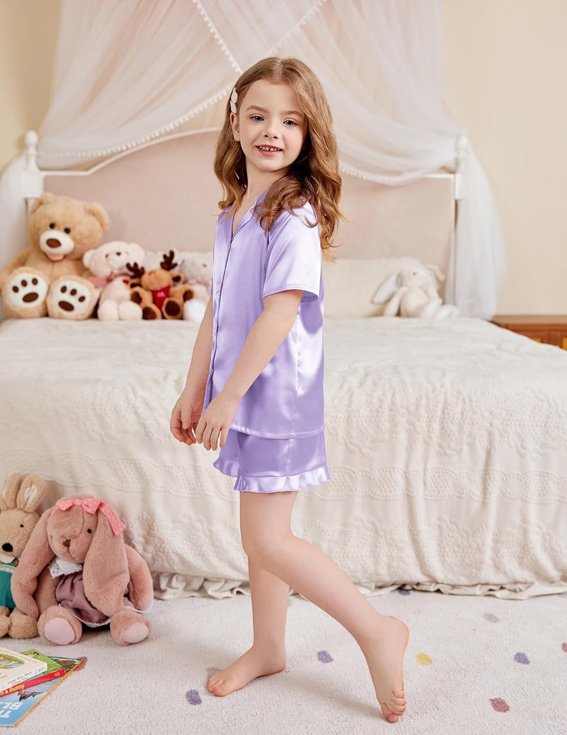 Arshiner Girls Pajamas Silk Satin Pajama Set 2 Piece Button Down Pjs Ruffle Sleepwear - Image 3