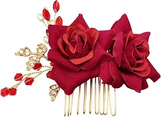 BETITETO Bridal Rose Flower Headpiece Boho Handmade Pearl Crystal Gold Leaf Red Flower Side Comb Hair Accessories for Wedding Party