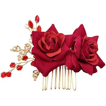 Bridal Rose Flower Headpiece Boho Handmade Pearl Crystal Gold Leaf Red Flower Side Comb Hair Accessories for Wedding Party