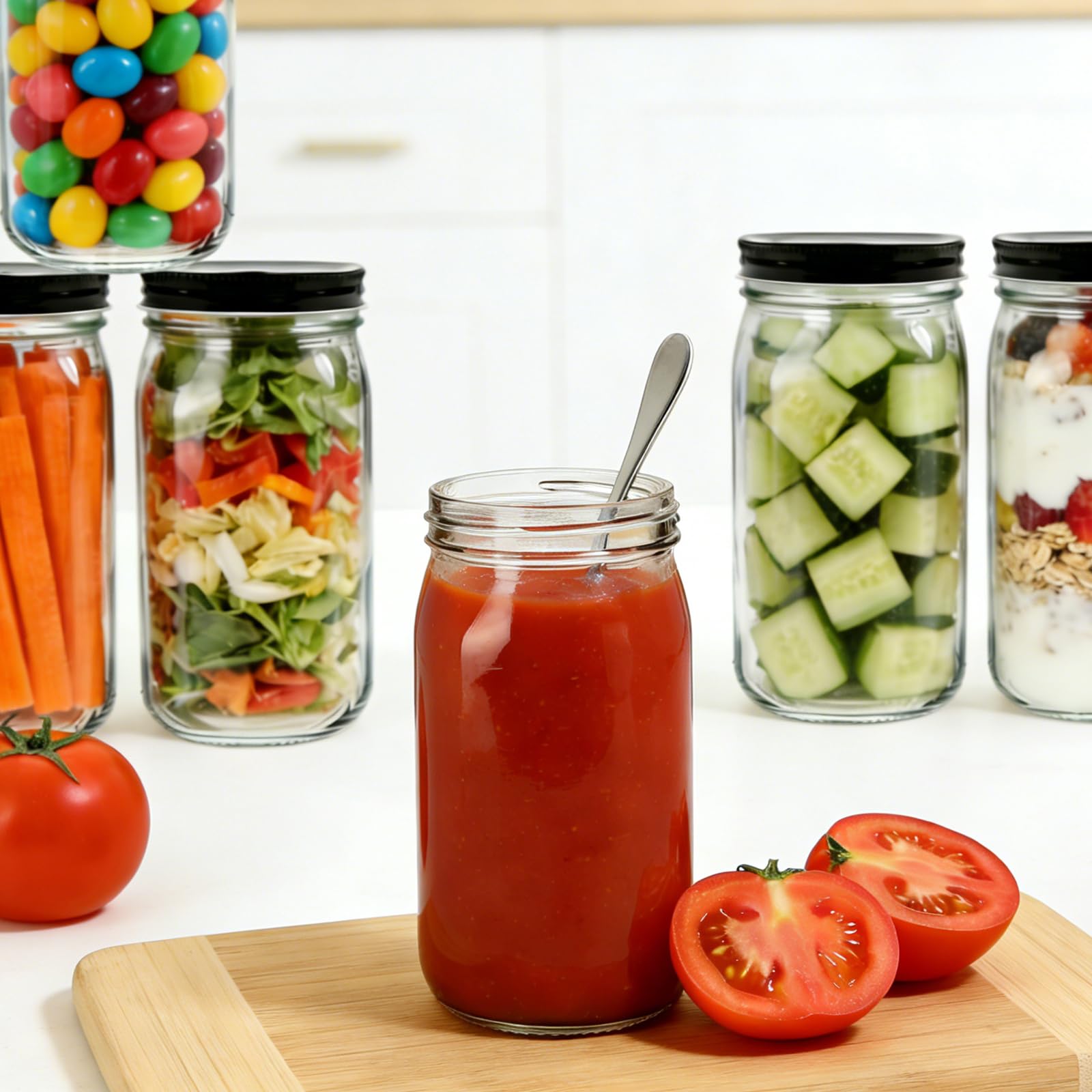 QAPPDA Juego de 12 tarros de vidrio de 32 onzas con tapas, boca ancha transparente de 1000 ml con tapa hermética, tarros de vidrio duraderos para almacenamiento de alimentos para encurtidos,