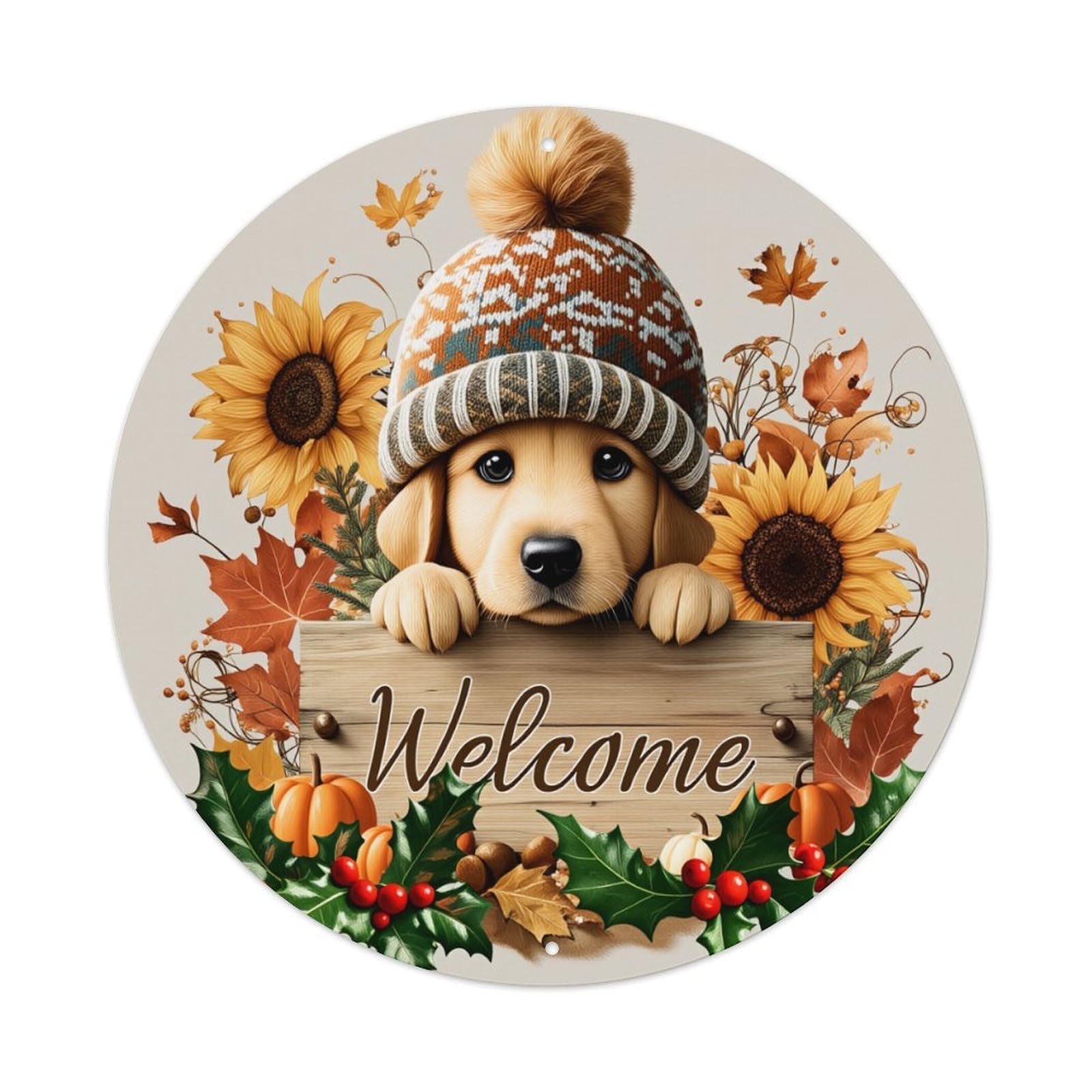 Autumn Leaves Sunflowers Puppy Hat Round Tin Sign Vintage Metal Poster, Home Bar Garage Man Cave Cafe Indoor & Outdoor Wall Decoration 8x8Inches