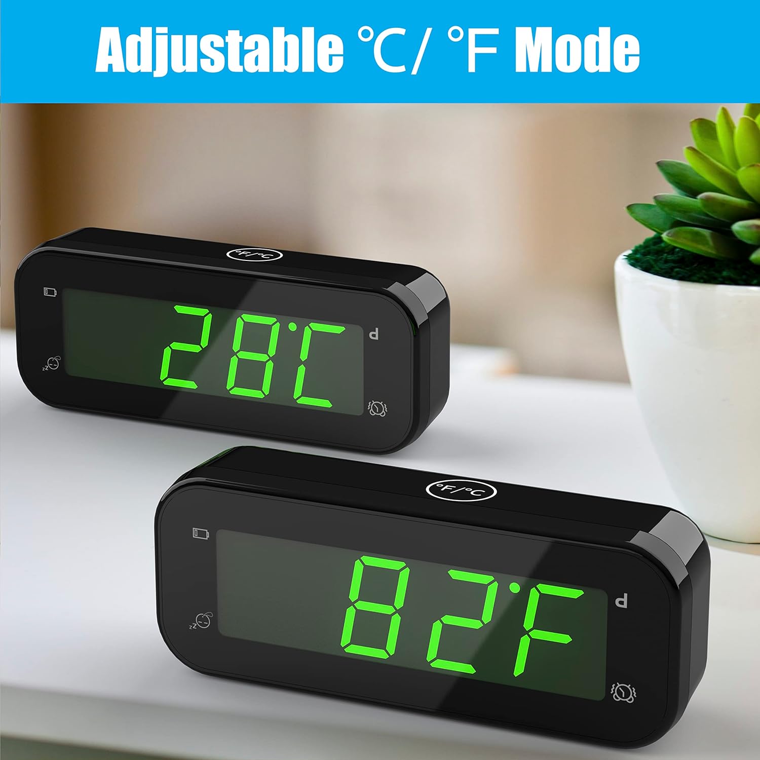 KWANWA EJ12B-G Digital Alarm Clock showing temperature in Celsius and Fahrenheit