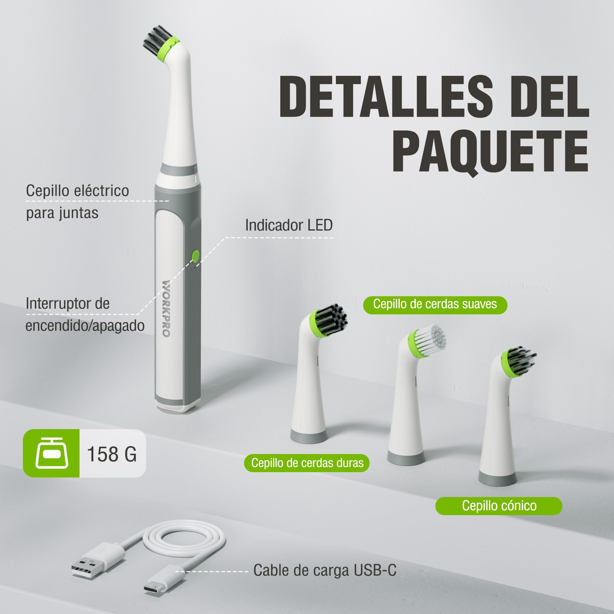 WORKPRO Cepillo Eléctrico De Limpieza 3.6V Recargable con Cabezal Intercambiable,Batería 2000mAh, IPX6 Resistente Al Agua, USB Tipo C, para Juntas, Ranuras, Zapatos Y Hogar