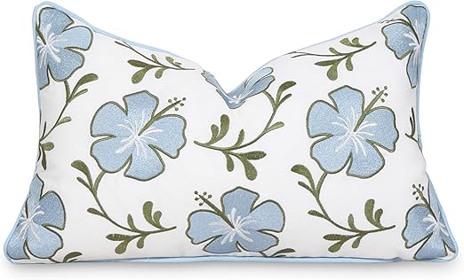 Hofdeco Premium Coastal Patio Indoor Outdoor Lumbar Pillow Cover Only, 12"x20" Water Repellent for Backyard, Couch, Baby Blue Green Embroidered Hibiscus Floral with Piping