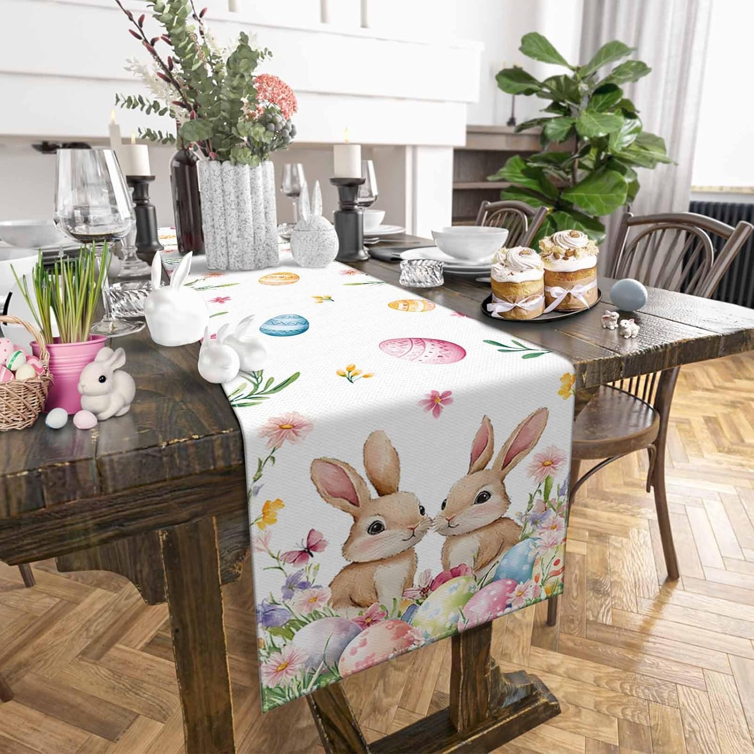 Spring Bunny Easter Table Runner 120 Inches Long, Colorful Eggs Farmhouse Dress Scarves, Pastoral Floral Botanical Dining Tablerunner for Coffee Table/Kitchen Island/Party Décor, 13" x 120"