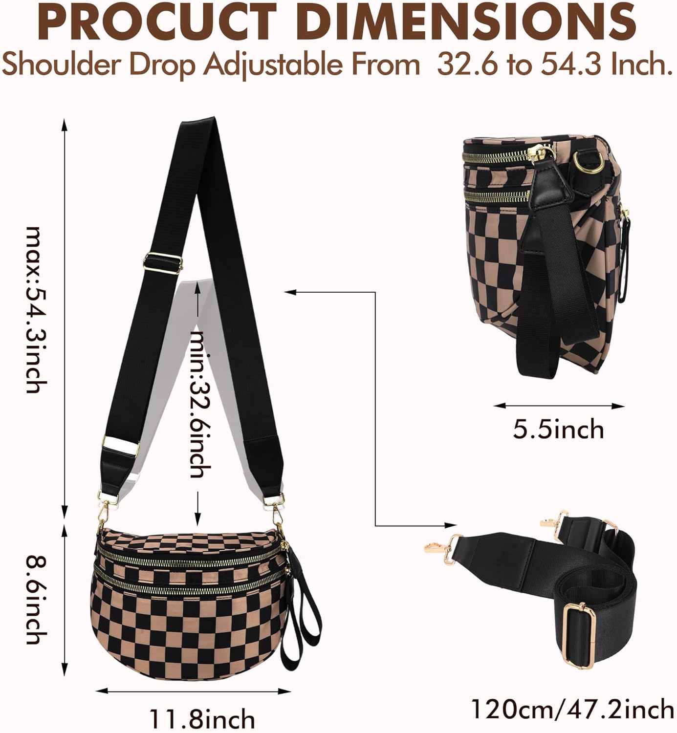 Checkered Crossbody Bags Bum Bag For Women, Large Nylon Fanny Packs Belt Bag, Khaki - Image 6