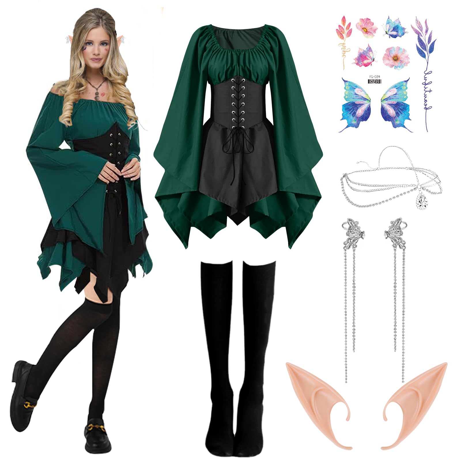 Elf Renaissance Medieval Dress, Fairy Cosplay Set, Traditional Irish Costume, Victorian Flared Sleeve Corset Skirt, Goth Outfit With Ears, Tattoo Stickers, Overknee Socks, Head Rings, Ear Clip