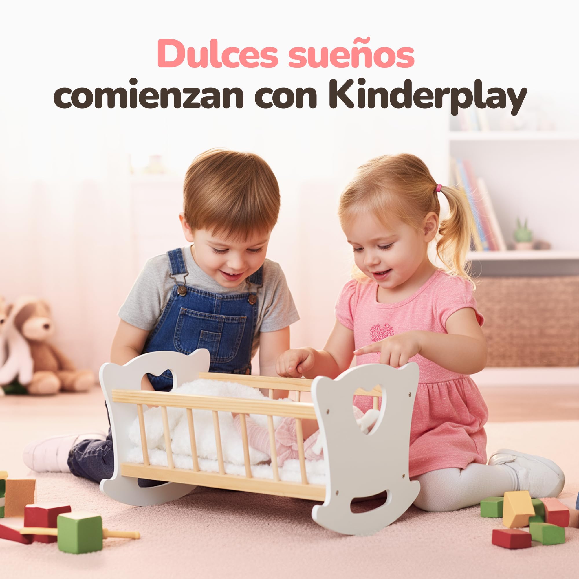 Kinderplay - Cuna de Madera con Ropa de Cama para muñecas de hasta 49,5 cm, Juguete de Madera para niñas a Partir de 3 años, Cuna sostenible para Juegos de rol y Regalo para niños