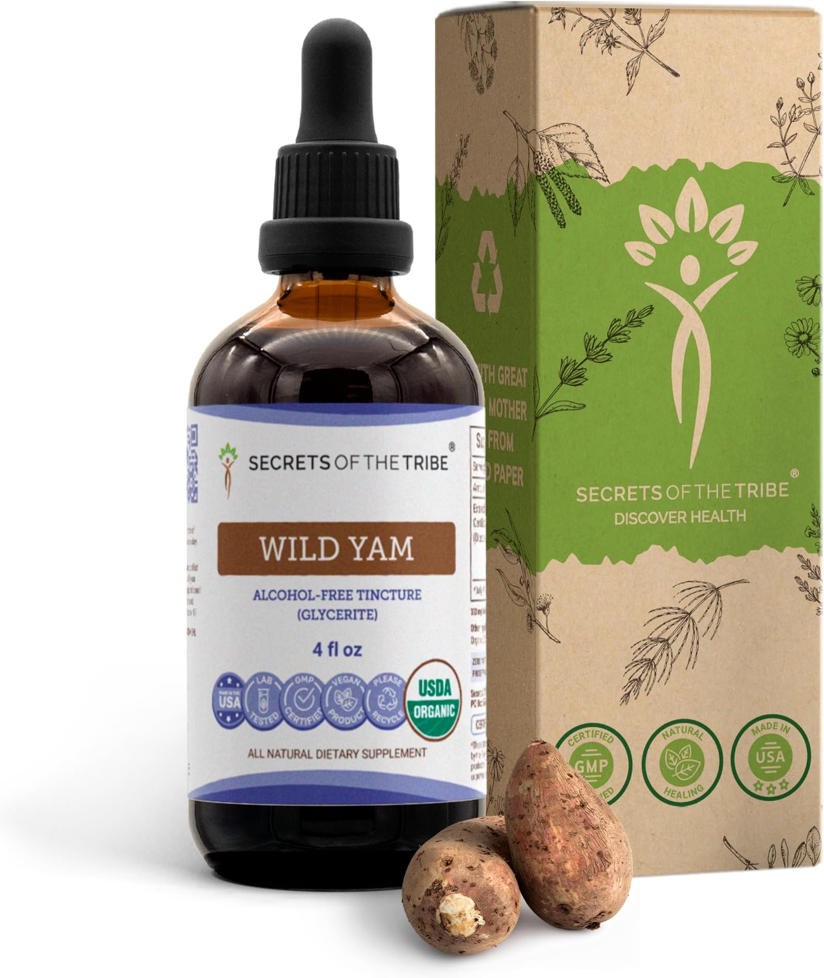 Secrets of the Tribe Wild Yam Alcohol-Free USDA Organic Tincture (Glycerite) Responsibly farmed Wild Yam (Dioscorea Villosa) Dried Root (4 Fl Oz) Hormone Support Supplement